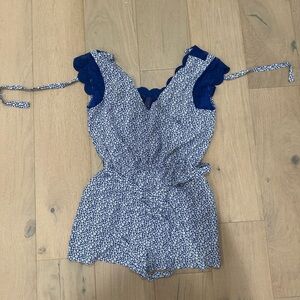 Berthie Floral Blue Romper with Lace Details
